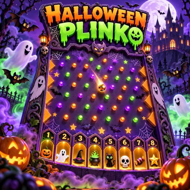 Spooky Halloween Plinko board with ghosts, pumpkins and glowing stars